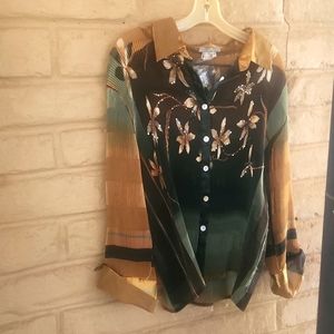 Alberto Makali Women's Long Sleeve Green And Multicolor Button Up Blouse Size XL